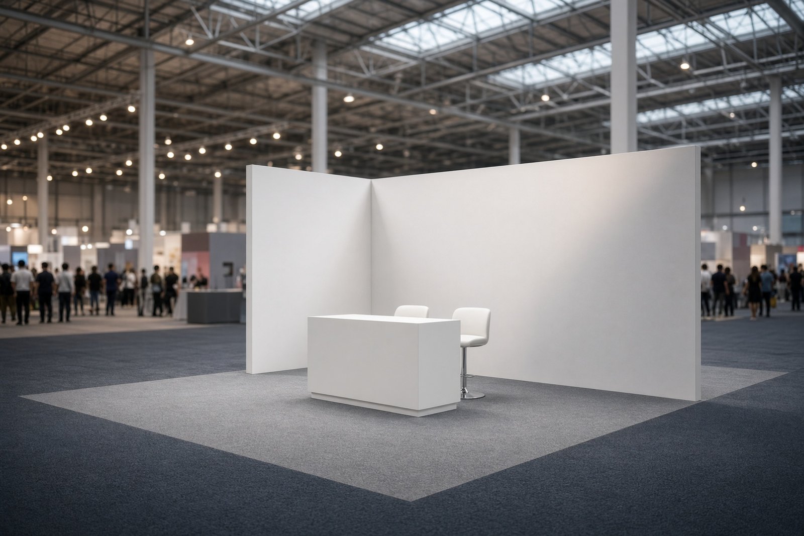 White shell-scheme booth inside a large exhibition hall