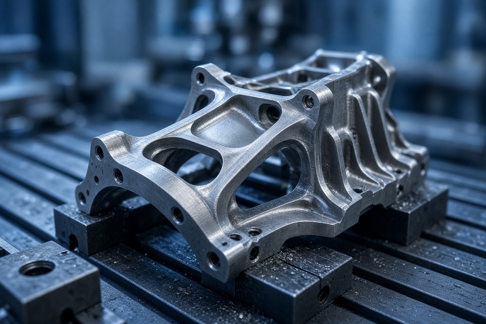 Titanium aerospace component on a machining bed